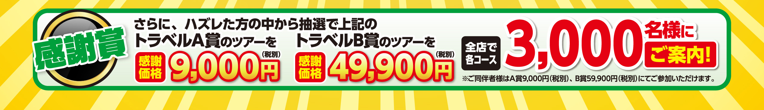 【感謝賞】ハズレた方の中から抽選でトラベルA賞B賞のツアーを感謝価格でご案内【3000名様】