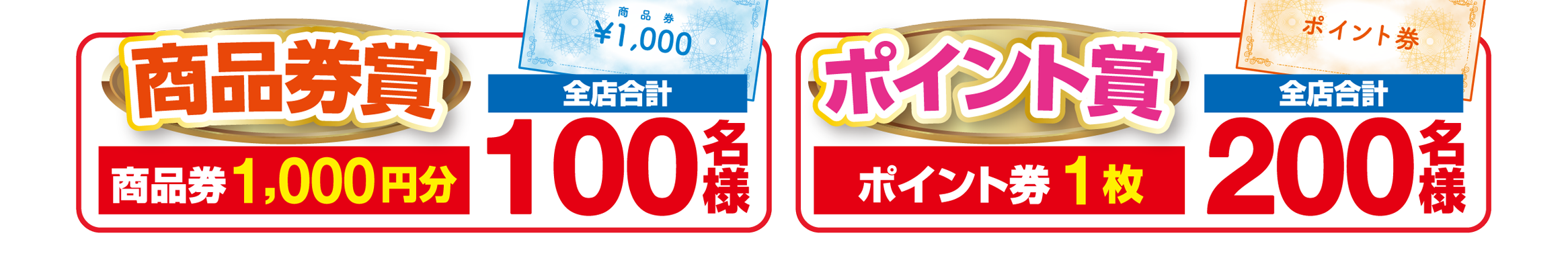 【商品券賞】1,000円分（全店合計100名様）【ポイント賞】ポイント券1枚（全店合計200名様）