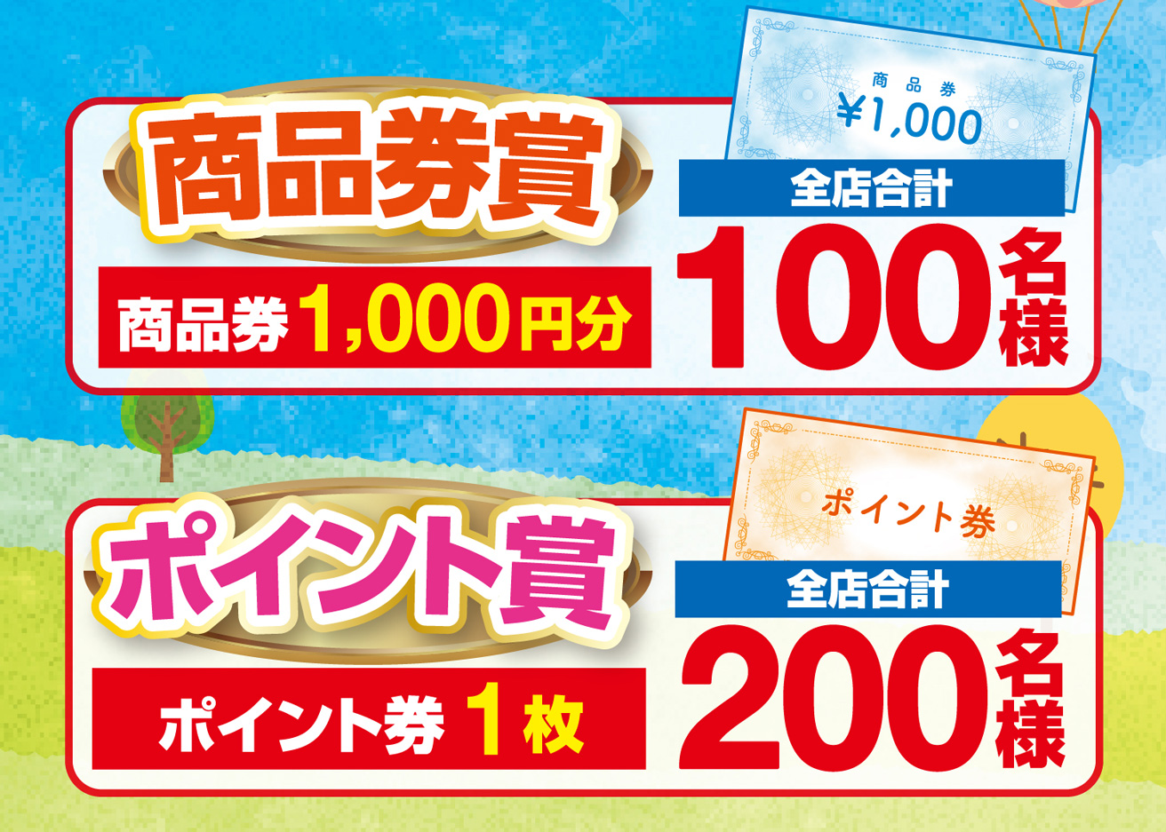 【商品券賞】1,000円分（全店合計100名様）【ポイント賞】ポイント券1枚（全店合計200名様）
